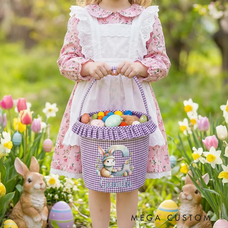 Personalized Cute Bunny Gradient Color Initial Plaid Easter Basket with Name and Ruffles Eggs Hunting Party Easter Gift for Kids