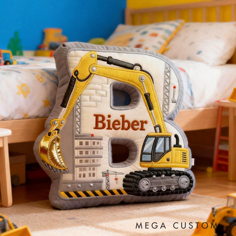 Personalized Excavator Theme Initial Name Graphic 3D Print Pillow Christmas Gift for Kids