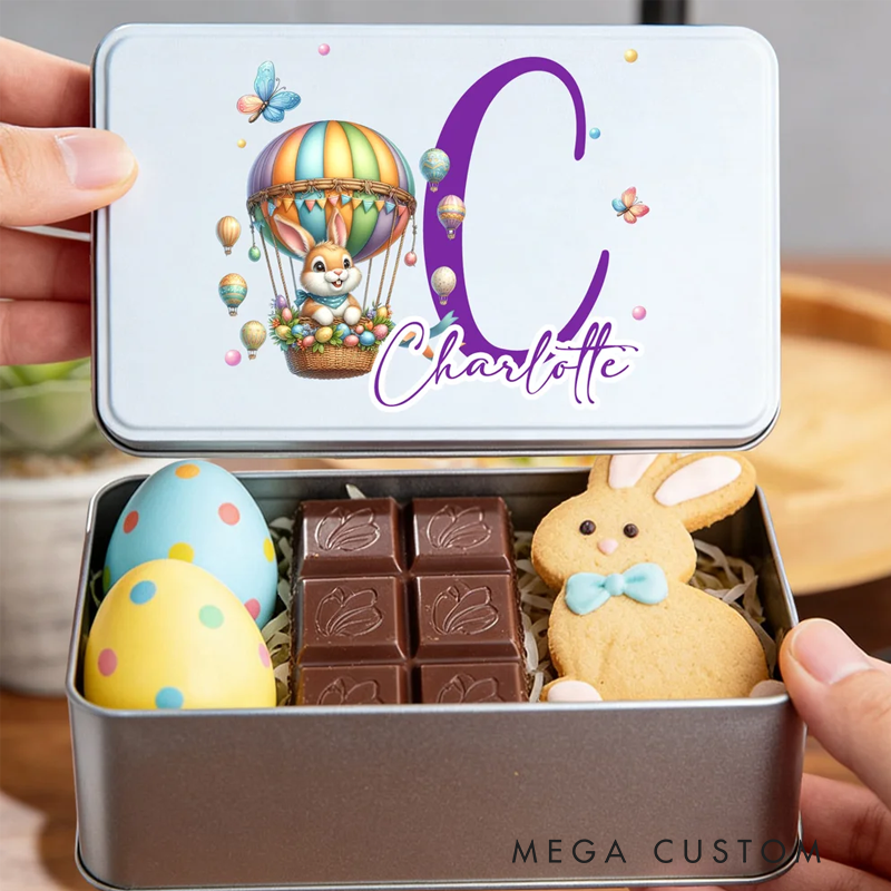 Personalized Easter Bunny Eggs Food Grade Metal Biscuit Tin Storage Box with Name and Initial Easter Holiday Gift for Family Kids