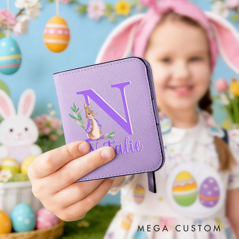 Personalized Cute Rabbit Initial PU Leather Bifold Pocket Wallet with Multiple Card Slots with Name Easter Gift for Girls