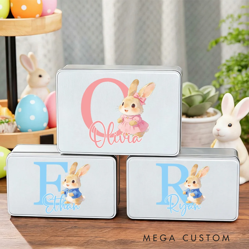 Personalized Cute Cartoon Rabbit Initial Biscuit Tin Storage Box with Name Easter Party Gift for Kids Family