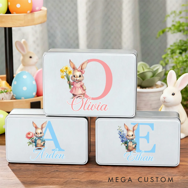 Personalized Birth Flower Cute Bunny Easter Biscuit Tin Box with Name and Initial Easter Party Easter Gift for Children