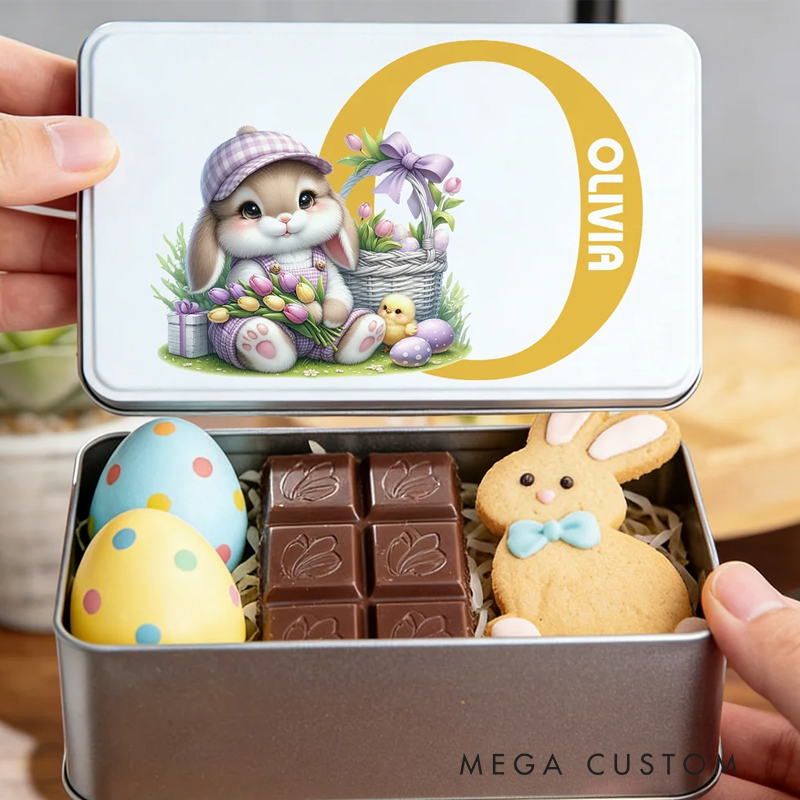 Personalized Cute Bunny Flowers Easter Eggs Initial Food Grade Metal Biscuit Tin Storage Box with Name Easter Holiday Gift for Family Kids