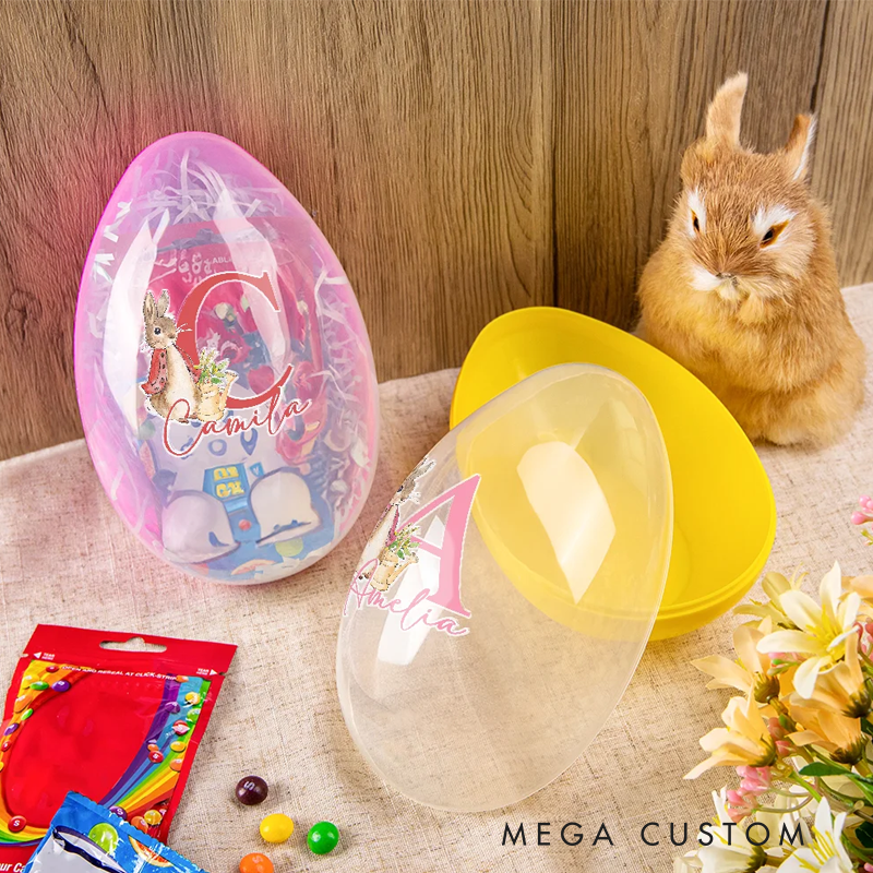 Personalized Cute Peter Rabbit Bunny Initial Fillable Jumbo Easter Egg with Name Holiday Basket Stuffers Easter Birthday Party Favors Gift for Kids