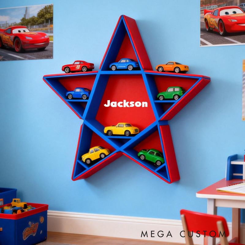 Personalized Custom Name Star Shaped Wall Mounted Shelf Creative 3D Printed Kids Room Organizer Perfect for Displaying Toy Cars Collectibles and Nursery Decor