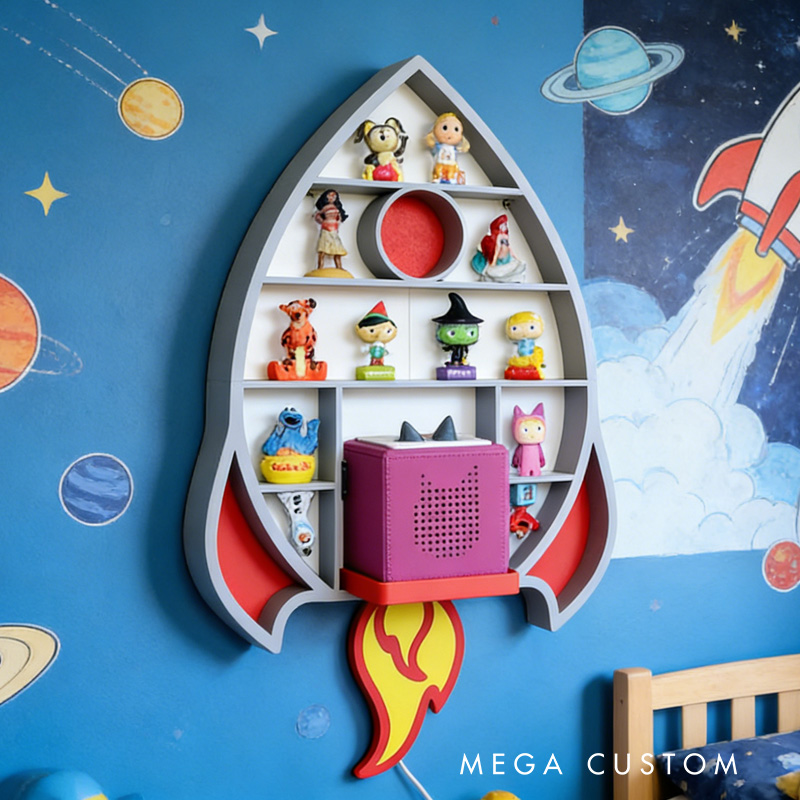 Rocket Shaped Wall Shelf Creative 3D Printed Kids Room Organizer Perfect for Displaying Toys, Figurines, and Space Themed Nursery Decor