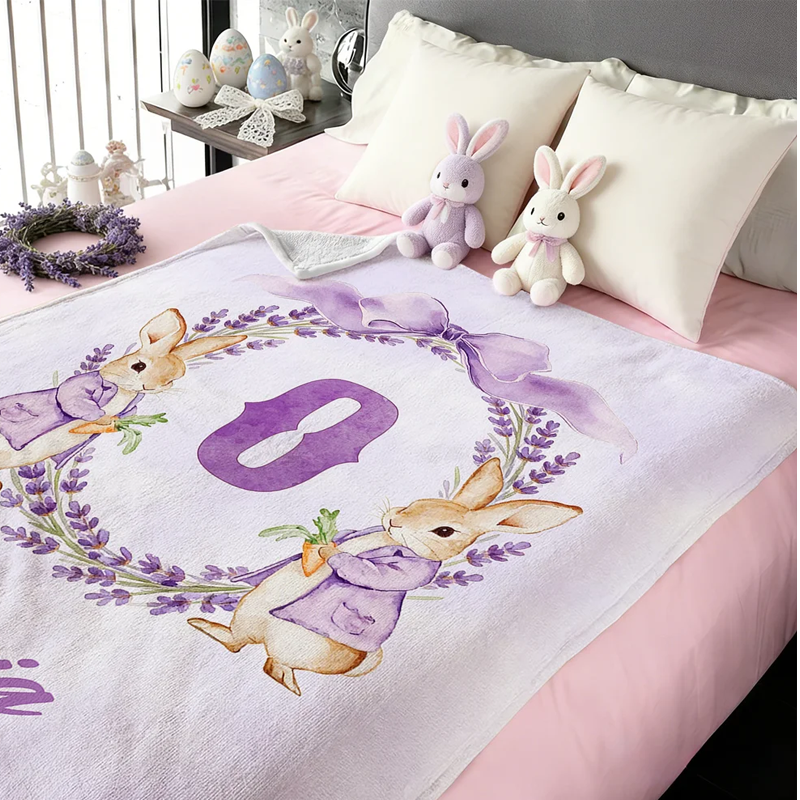 Personalized Watercolor Bunny Bow Wreath Soft Throw Blanket with Title Name and Initial Home Decor Easter Birthday Gift for Kids