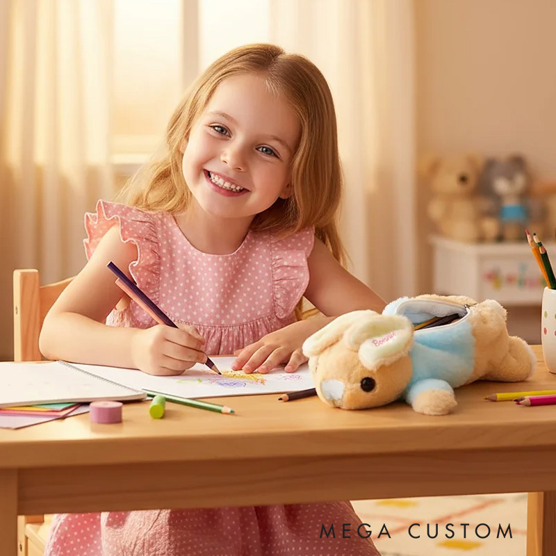 Personalized Bunny Rabbit Plush Pencil Bag with Embroidered Name School Stationery Christmas Back to School Easter Gift for Kids