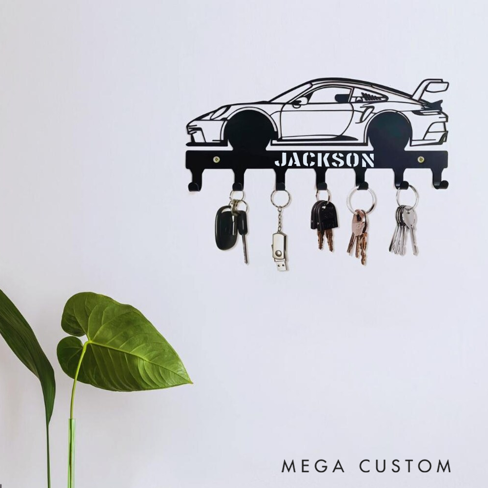 Personalized Metal Car Wall Hook Custom Key and Accessory Organizer Gift for Racer Vehicle Lover