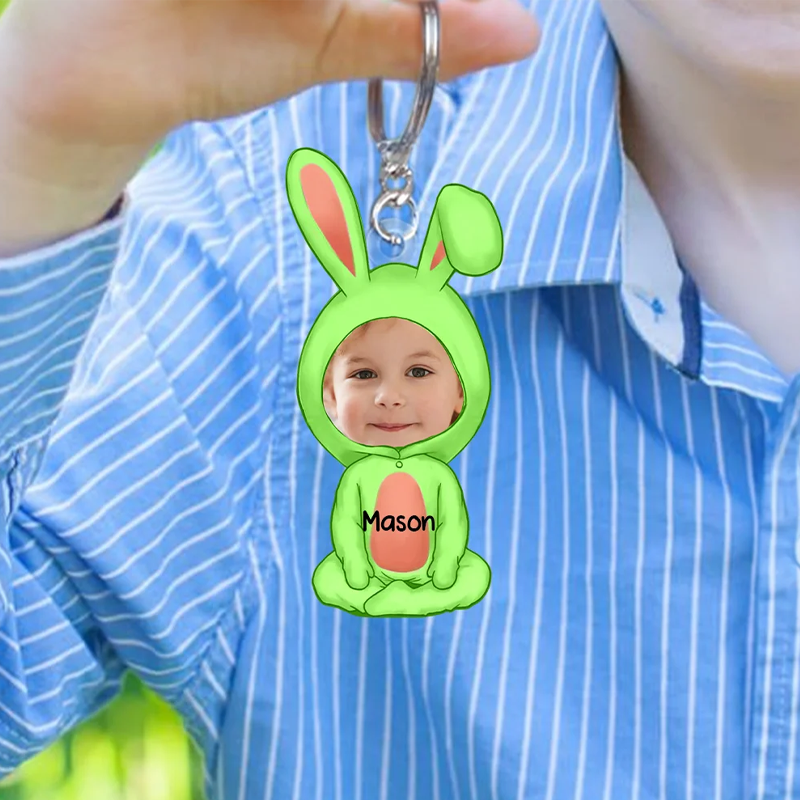 Personalized Multicolor Easter Bunny Cartoon Character Face Photo Acrylic Keychain with Name Easter Birthday Gift for Kids