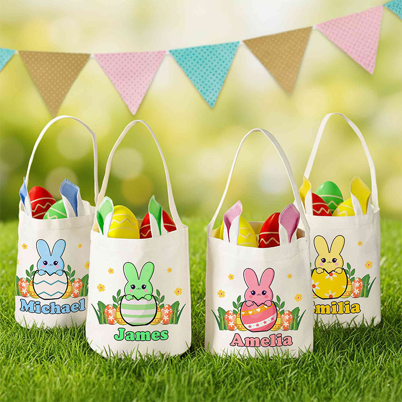 Personalized Name Cracked Egg Bunny Bucket Bag with Ears Easter Egg Hunt Basket Cotton Linen Easter Goodie Bag Easter Gift for Kids Boys Girls