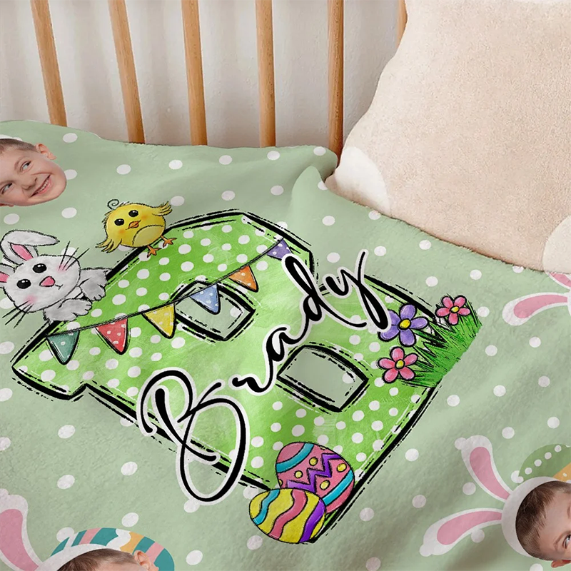 Personalized Face Photos Easter Bunny Alphabet Blanket Polka Dot Blanket with Name Initial Flannel Sherpa Soft Bed Couch Throw Easter Gift for Kids