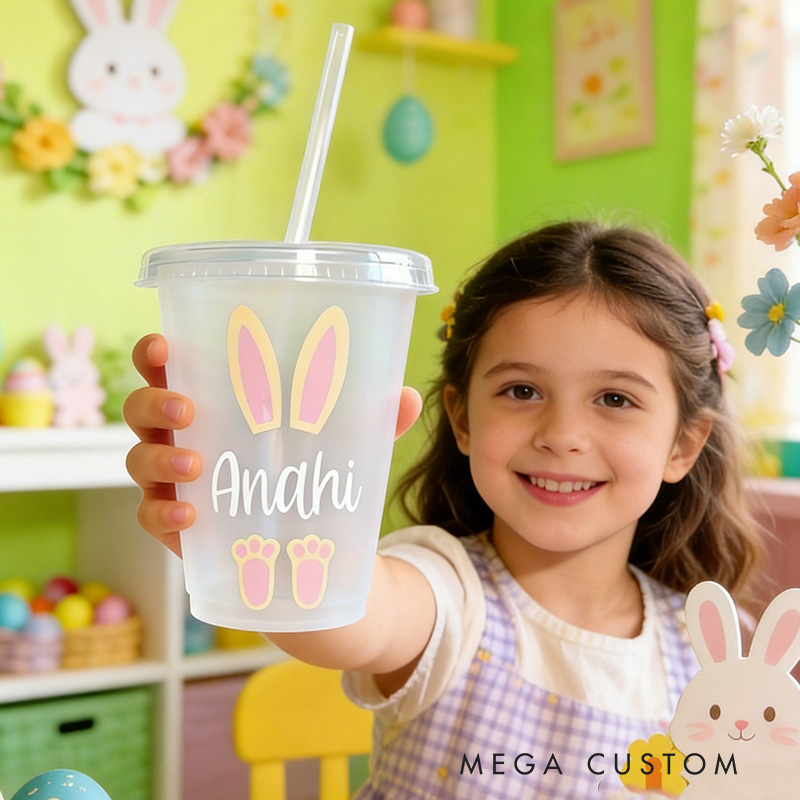 Personalized Easter Bunny Ears Name Cup Cute Holiday Gift for Kids Spring Celebration Children's cup with straw