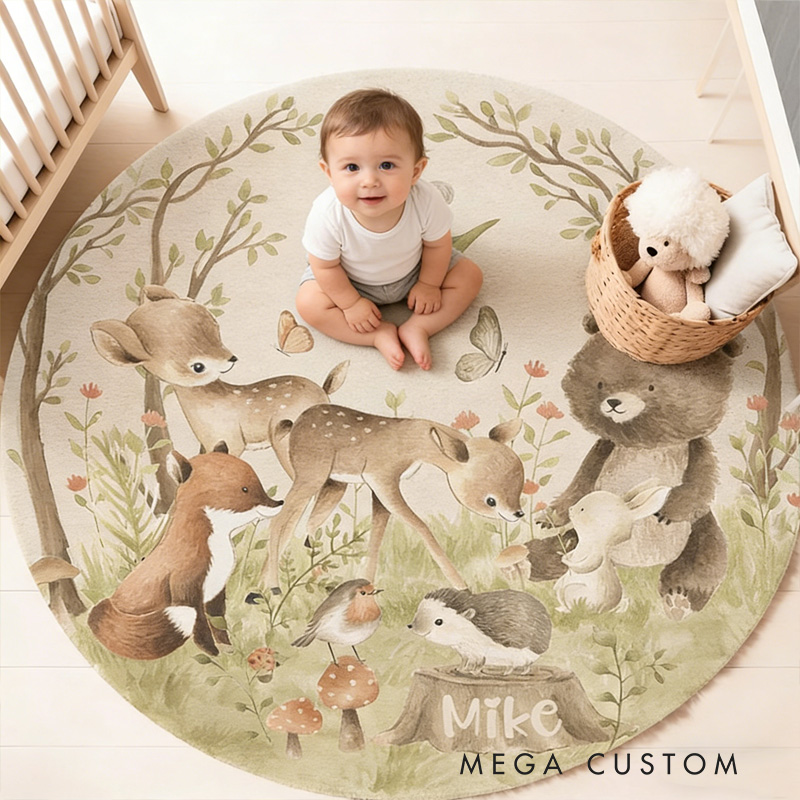 Personalized Woodland Animal Forest Theme Name Mat Soft Nursery Play Area Decor Carpet Rug for Kids