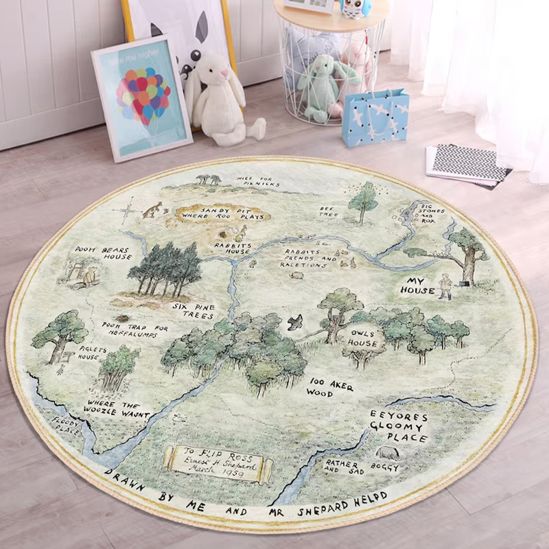 Hundred Acre Wood Map Adventure Theme Playroom Name Mat Storybook Style Carpet Rug for Kids