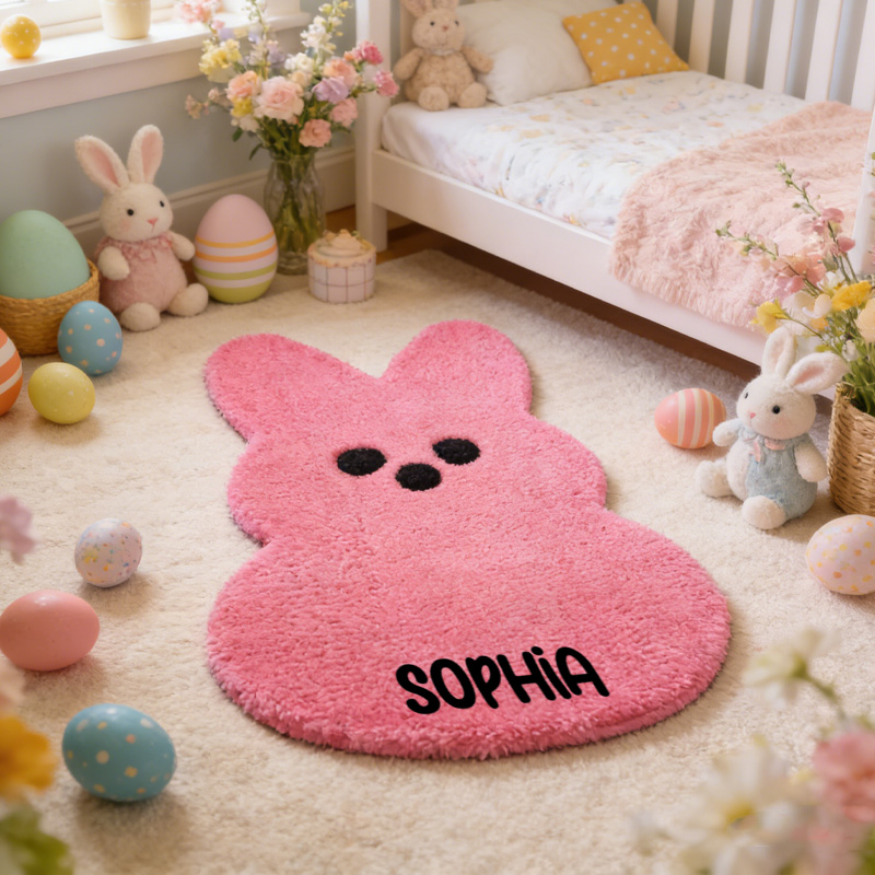 Personalized Easter Bunny Shaped Colorful Plush Name Mat Cute Spring Nursery Decor Playroom Carpet Rug for Kids