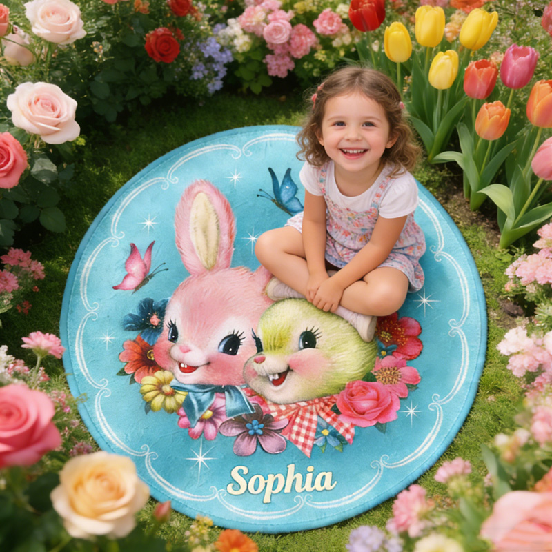 Personalized Easter Bunny Friends Spring Garden Theme Name Mat Colorful Floral Playroom Decor Carpet Rug for Kids