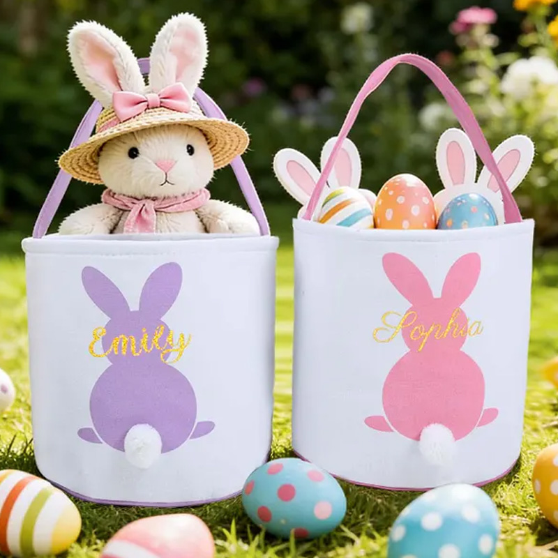 Personalized Easter Bunny Tail Theme Name Basket Cute Spring Gift Bag for Egg Hunt and Holiday Celebration