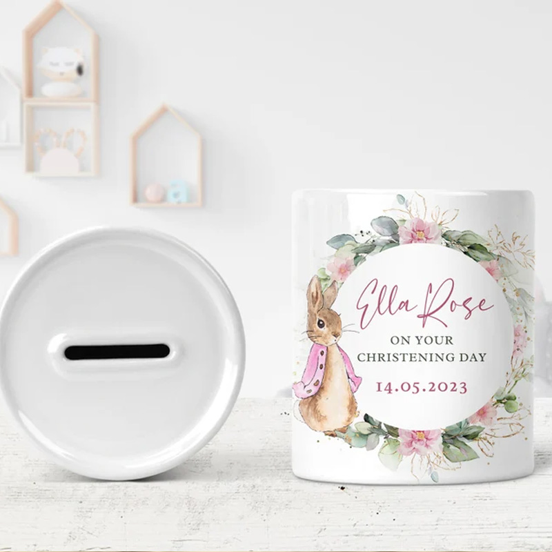 Personalized Bunny Wreath Theme Name Ceramic Money Box Baby Shower Gift Nursery Decor Bank