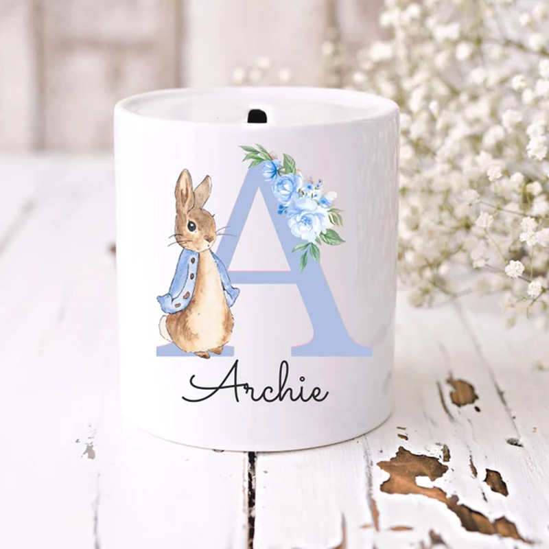 Personalized Bunny Initial Name Floral Letter Baby Gift Ceramic Money Box Nursery Keepsake Piggy Bank