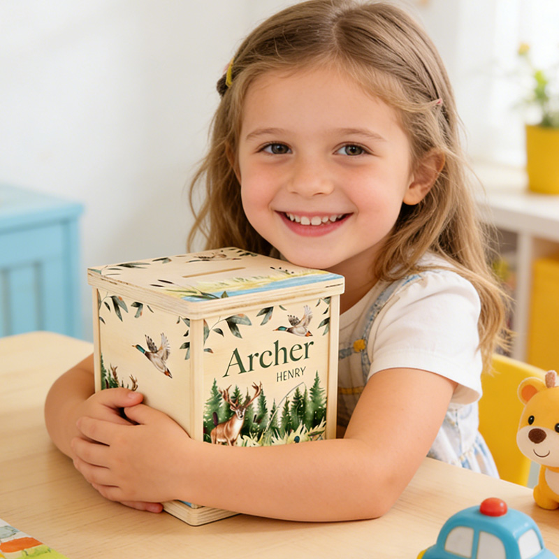 Personalized Woodland Forest Animal Theme Name Wooden Money Box Nature Nursery Gift Keepsake Piggy Bank