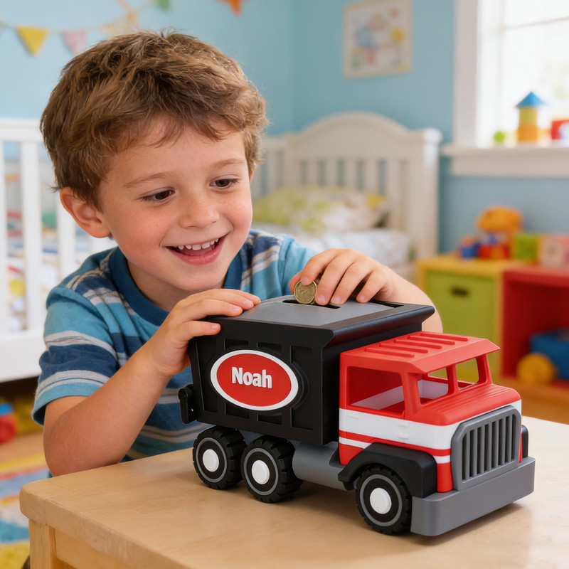 Personalized Fire Truck Theme Name Red Black Vehicle Toy Money Box Kids Room Decor Gift for Boys 3D Printing Piggy Bank