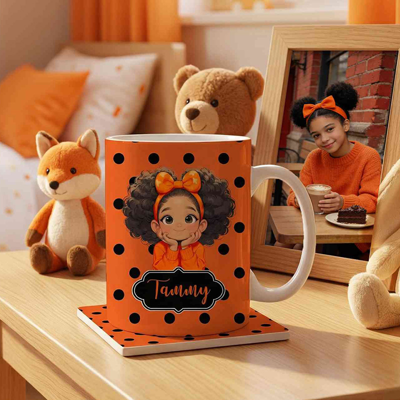 Personalized Polka Dot Theme Name Cute Girl Character Art Custom Coffee Tea Cup Gift Mug