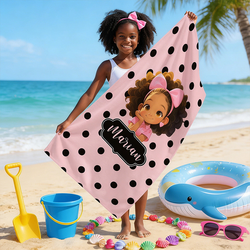 Personalized Colorful Polka Dot Theme Name Cute Girl Character Art Summer Swim Pool Accessory Gift Beach Towel