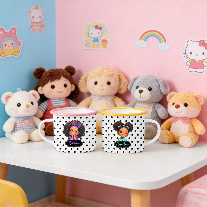 Personalized Polka Dot Theme Name Cute Girl Character Art Color Rim Coffee Tea Cup Gift Collection Enamel Mug
