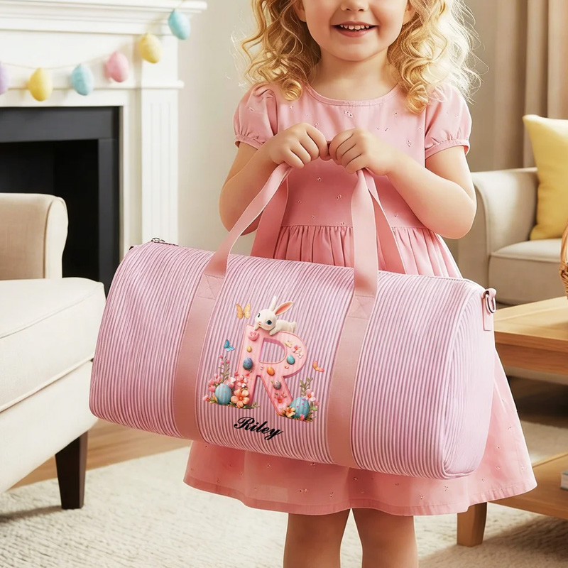 Personalized Pink Bunny Initial Easter Egg Striped Canvas Large Capacity Travel Bag with Name and Shoulder Strap Easter Birthday Gift for Kids
