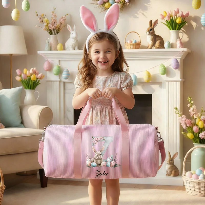 Personalized Cute Easter Rabbit Egg Striped Canvas Large Capacity Travel Bag with Name and Shoulder Strap Easter Gift for Kids Teenagers