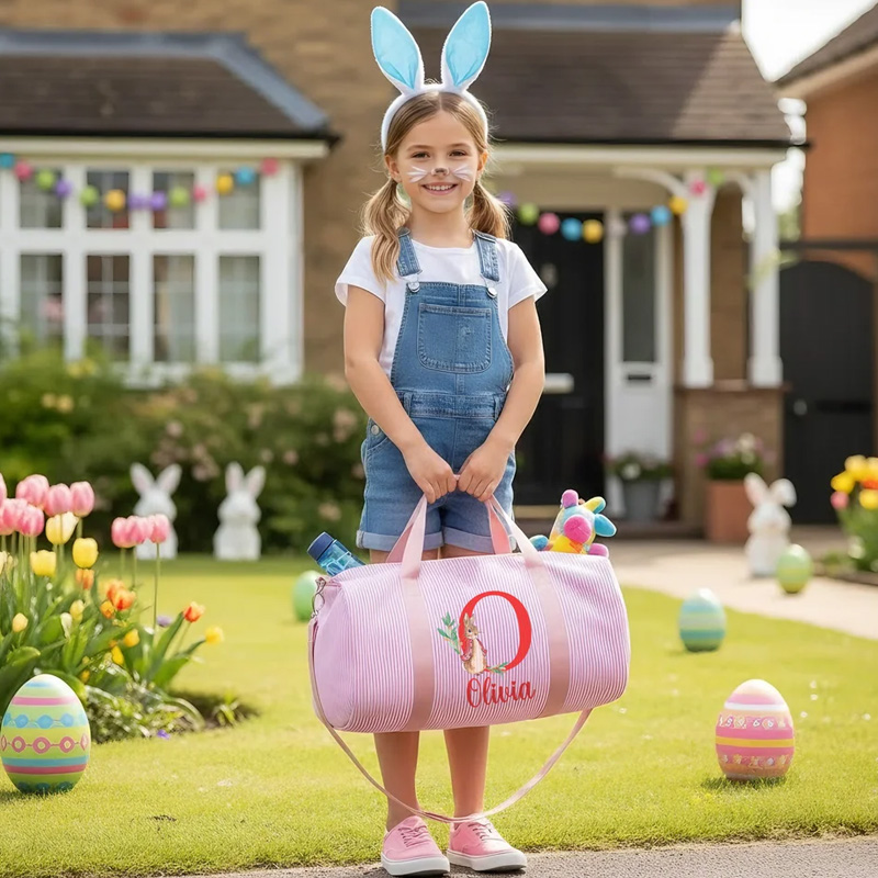 Personalized Cute Peter Rabbit Striped Canvas Large Travel Bag with Name and Shoulder Strap Travel Easter Gift for Kids