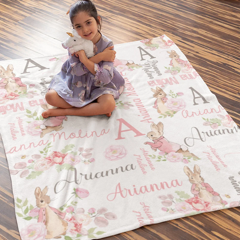 Personalized Rabbit Bunny Floral Blanket with Initial and Name Easter Birthday Gift for Kids
