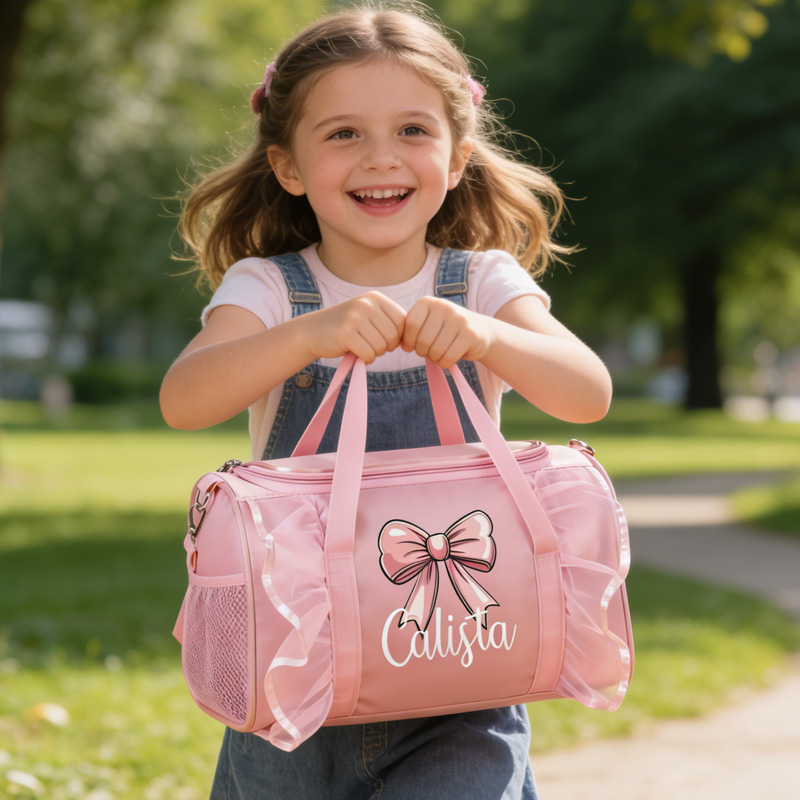 Personalized Pink Bow Theme Name Lace Trim Cute Girl Travel Overnight Tote Weekend Carry On Gift Duffle Bag