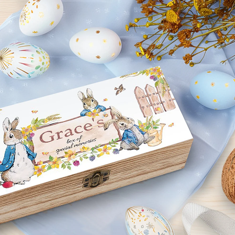 Personalized Peter Rabbit Bunny Wooden Storage Box Easter Birthday Gift for Kids Friend
