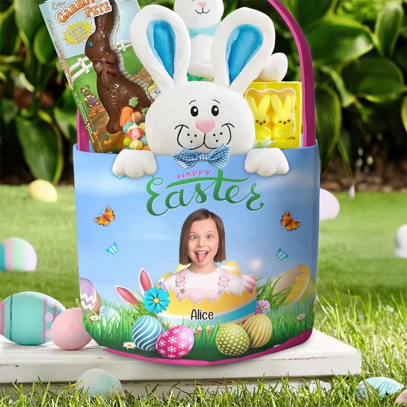Personalized Happy Easter Kid with Easter Eggs Photo Easter Basket Easter Gifts for Kids