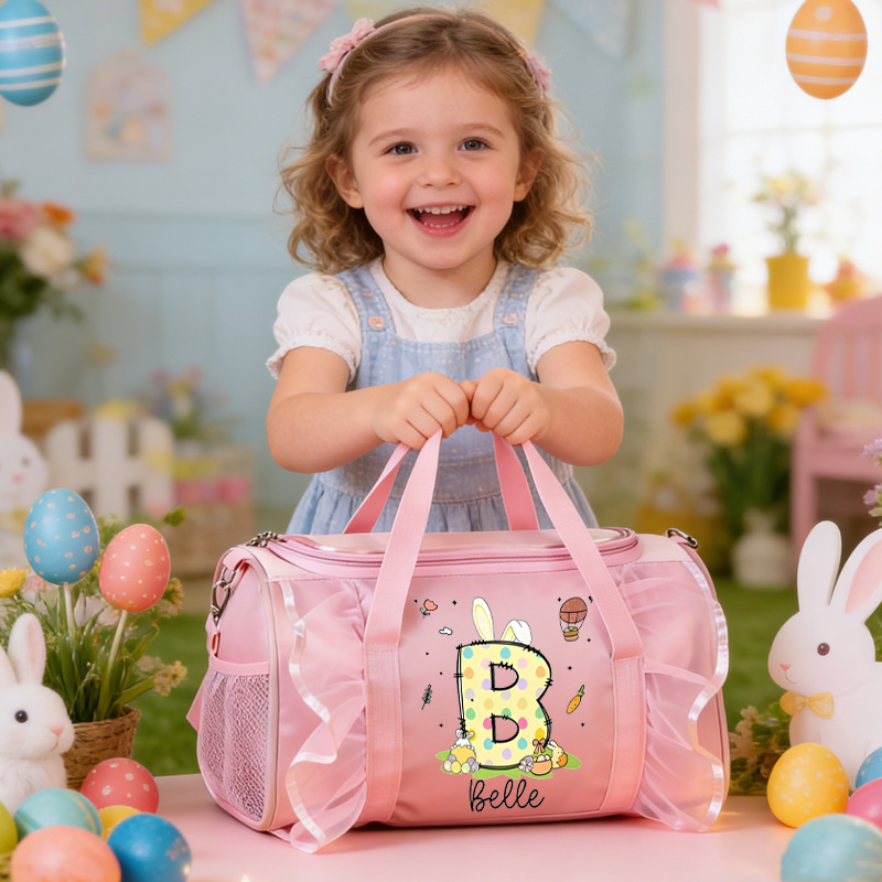 Personalized Alphabet Letter Theme Name Pink Lace Trim Cute Girl Travel Overnight Tote Weekend Carry On Gift Duffle Bag