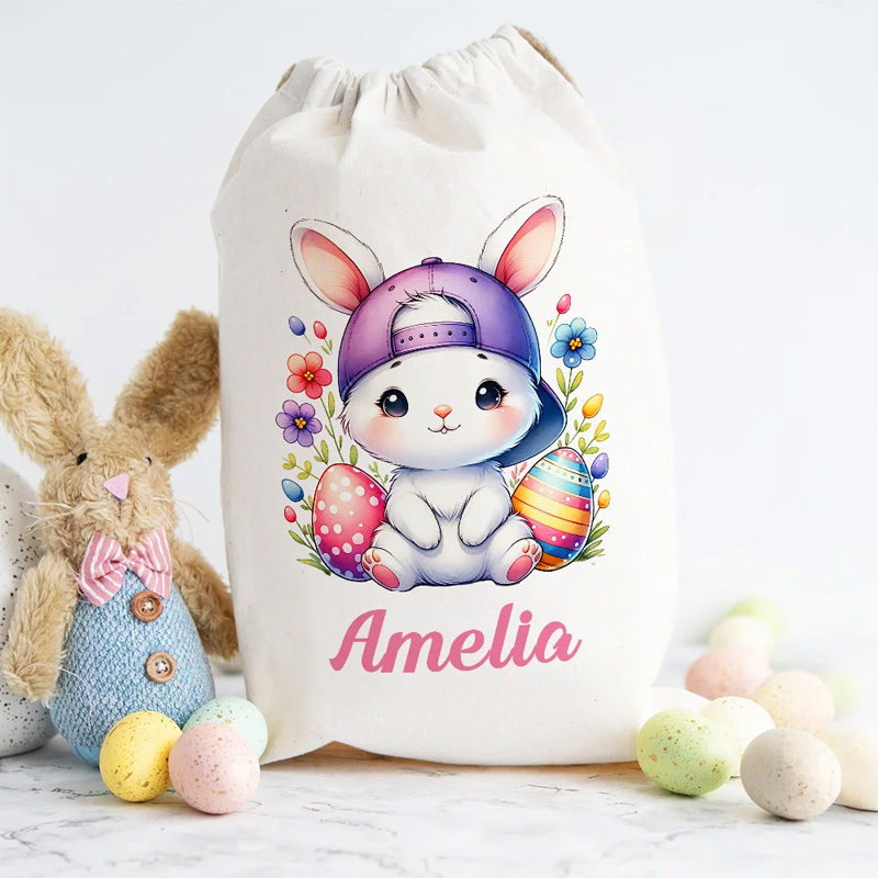 Personalized Cute Cartoon Rabbit Chick Easter Drawstring Gift Bag with Name Birthday Easter Party Gift for Kids Family