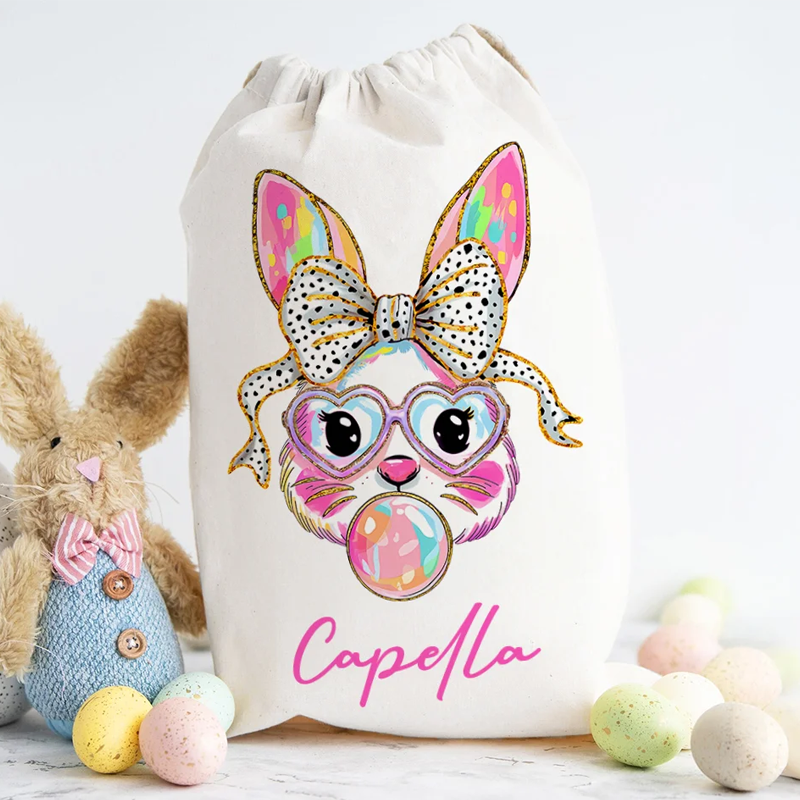 Personalized Cute Bow Bunny Drawstring Gift Bag with Name Easter Party Gift for Kids Family