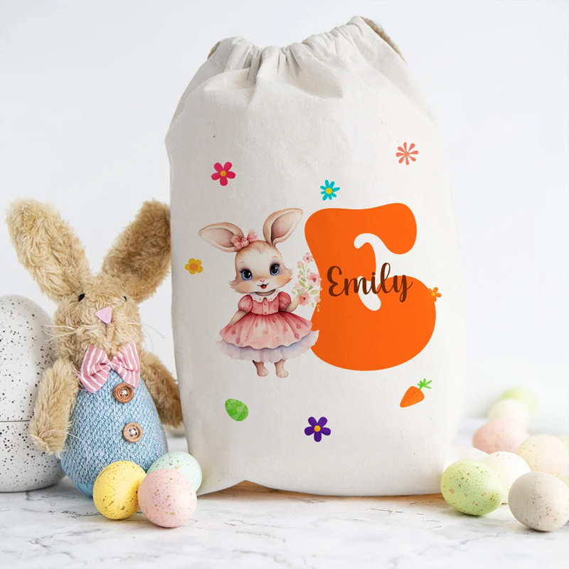 Personalized Watercolor Floral Bunny Name Drawstring Gift Bag with Initial Easter Party Egg Hunting Birthday Gift for Boys Girls