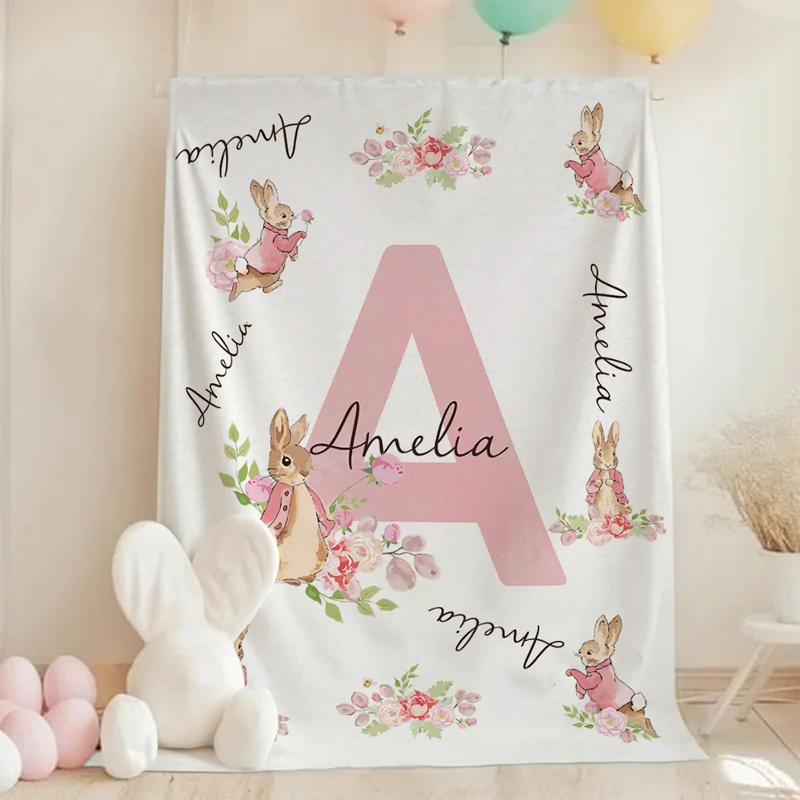 Personalize Cute Bunny Peter Rabbit Soft Throw Blanket with Name and Initial Home Decor Birthday Christmas Gift for Boys Girls