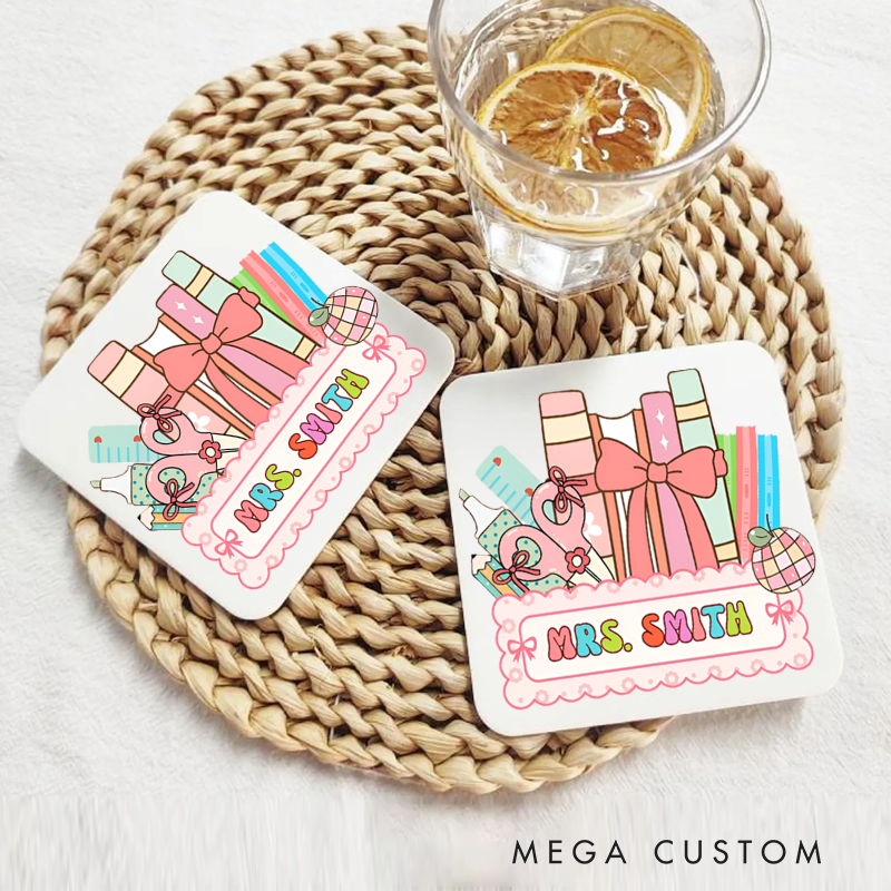 Personalized Coasters for Teachers Cute Book Pencil Bow Appreciation Gift for Teachers