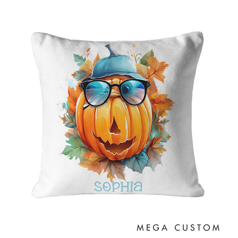 Personalized Cool Pumpkin Character with Glasses Name Halloween Pillows for Fun Seasonal Decor