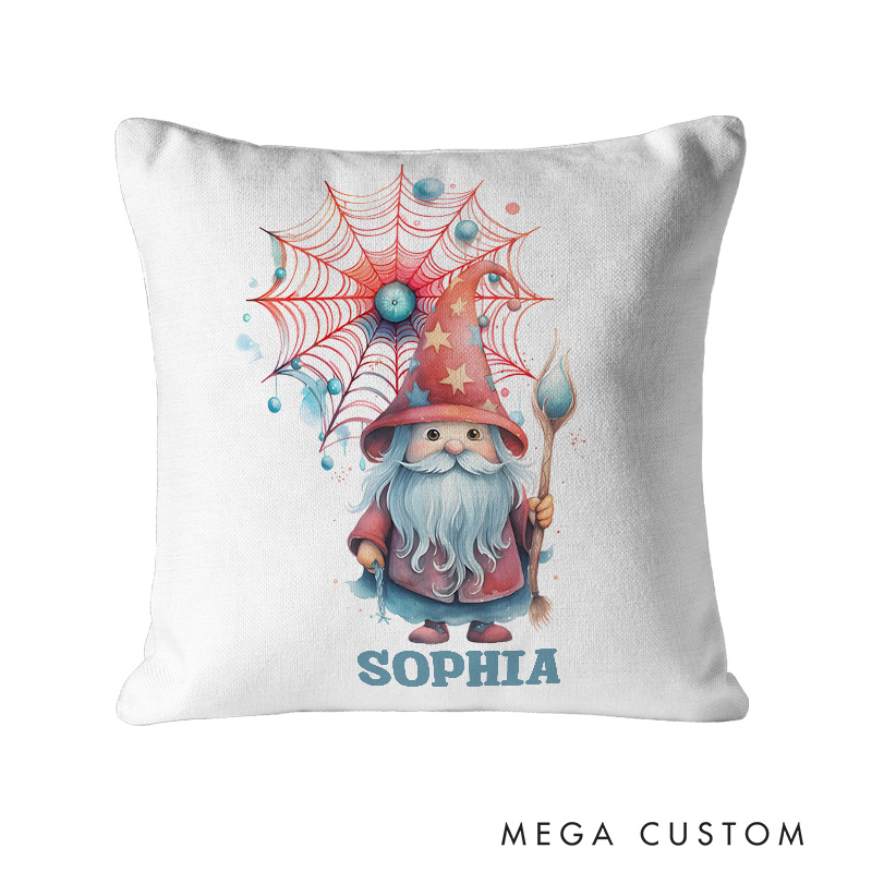 Personalized Halloween Gnome with Web and Spider Name Pillows for Whimsical Festive Decor