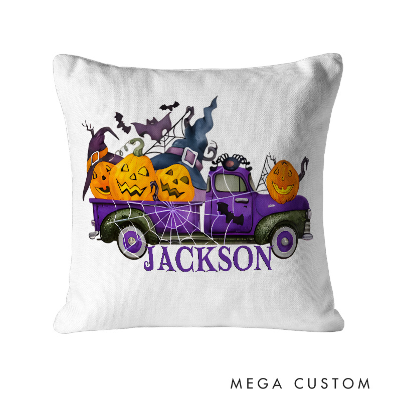 Personalized Halloween Pumpkin Truck Name Pillows for Rustic and Festive Holiday Style