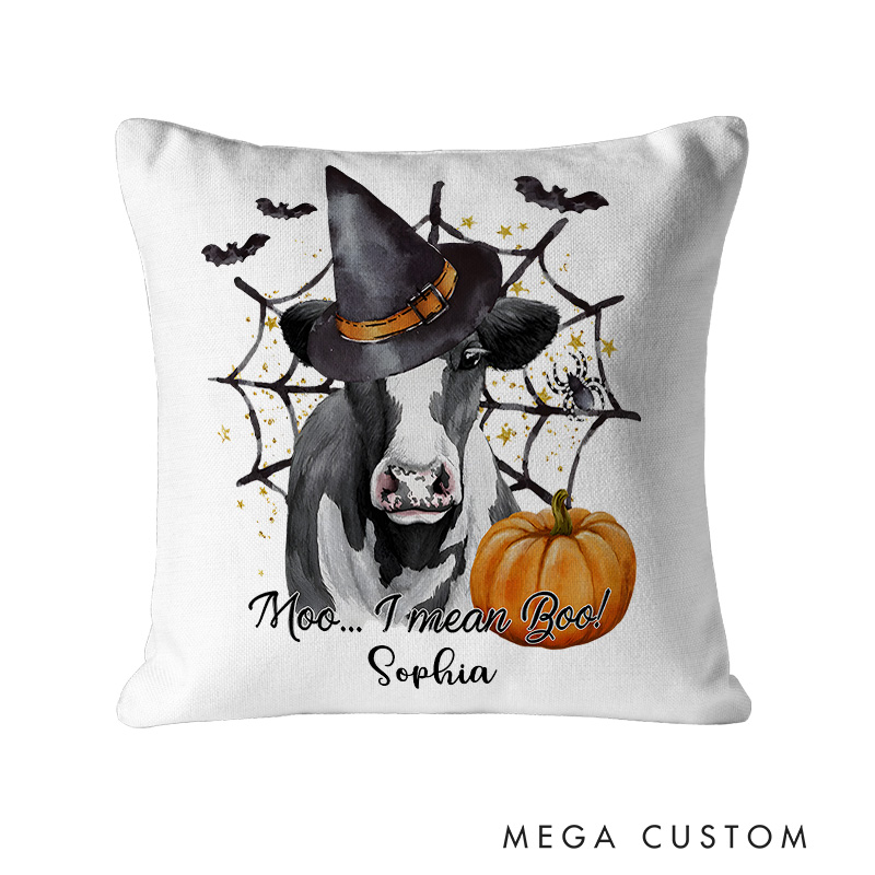 Personalized Moo I Mean Boo Halloween Cow Name Pillows for Funny and Unique Seasonal Decor