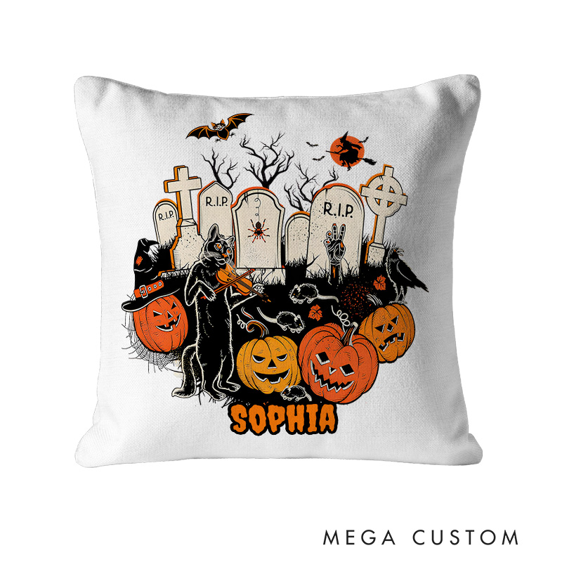 Personalized Spooky Graveyard Pumpkins and Ghosts Name Halloween Pillows for Eerie Holiday Fun