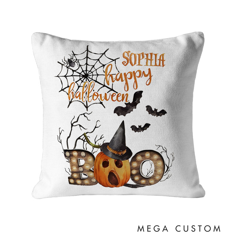 Personalized Happy Halloween Boo Witch Hat Name Pillows for Festive and Cheerful Holiday Charm