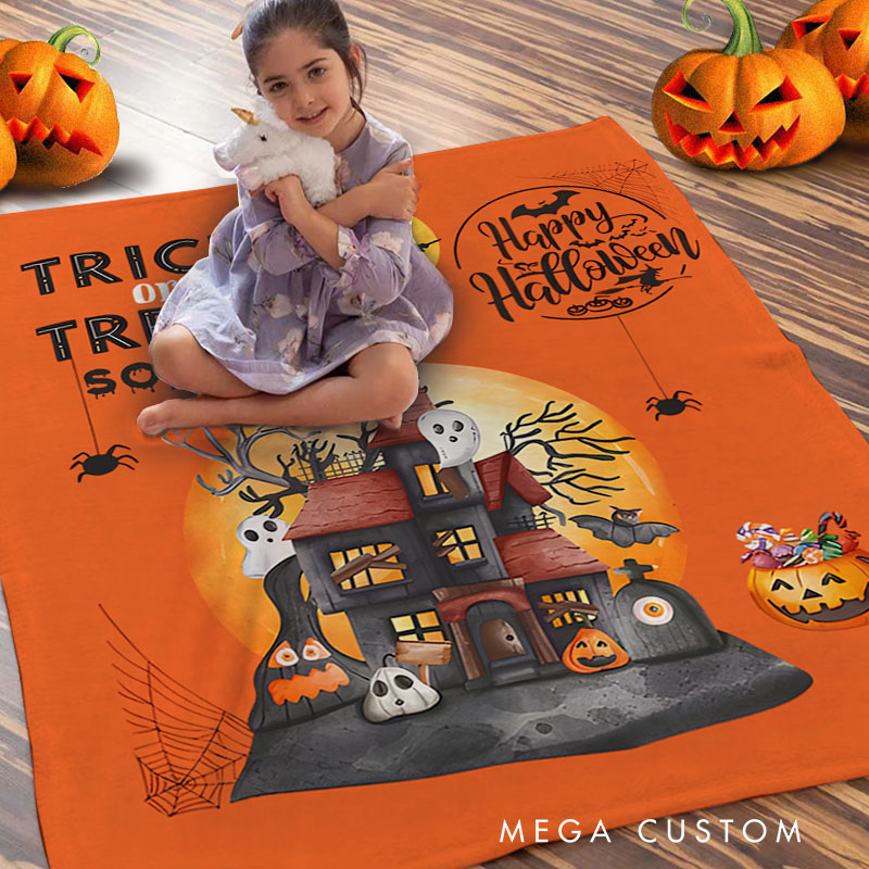Personalized Spooky Halloween Scene Blanket Perfect for Trick or Treat and Haunted Themes