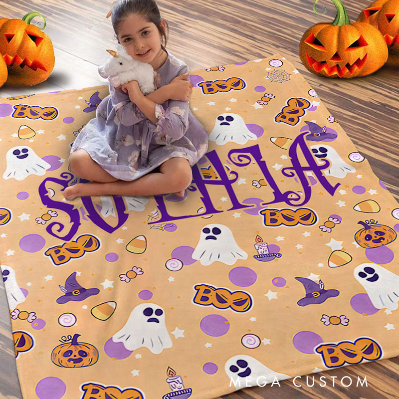 Personalized Candy and Ghost Pattern Blanket Perfect for Sweet and Whimsical Halloween Vibes